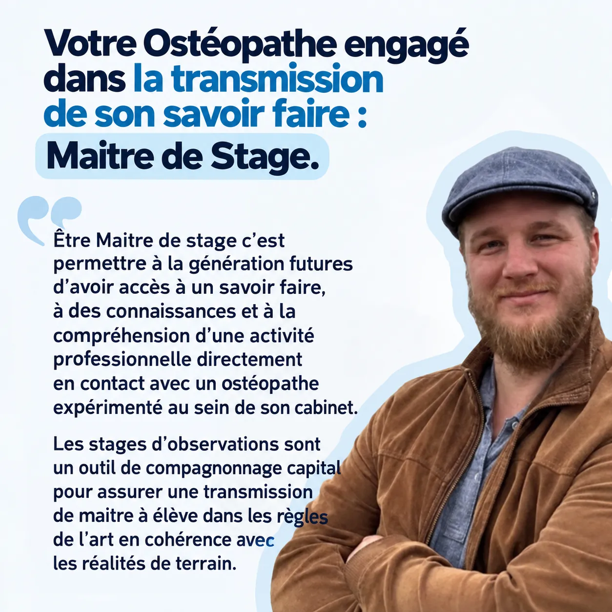 Votre ostéopathe engagé dans la transmission de son savoir-faire : maître de stage. Être maître de stage, c’est permettre à la génération future d’avoir accès à un savoir-faire, à des connaissances et à la compréhension d’une activité professionnelle, directement au contact d’un ostéopathe expérimenté au sein de son cabinet.